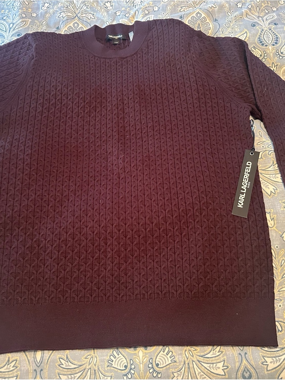 Karl Lagerfeld Men’s Burgundy Cable Knit Sweater Large